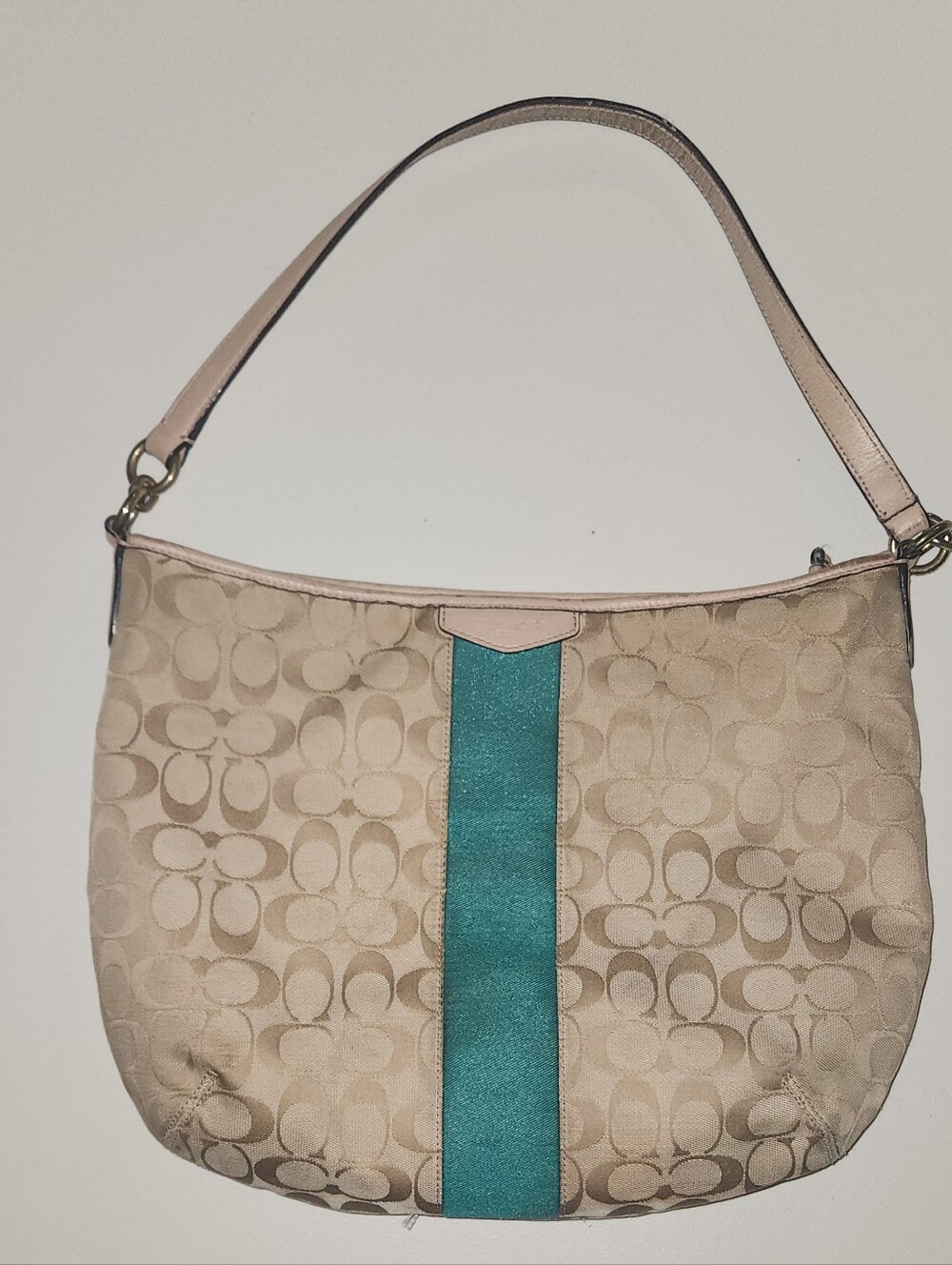 Coach Signature Green Stripe Hobo Canvas Bag - Picture 1 of 6